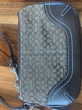 Coach Brown Jacquard canvas and Dark Brown Leather w/ contrast stitch wristlet